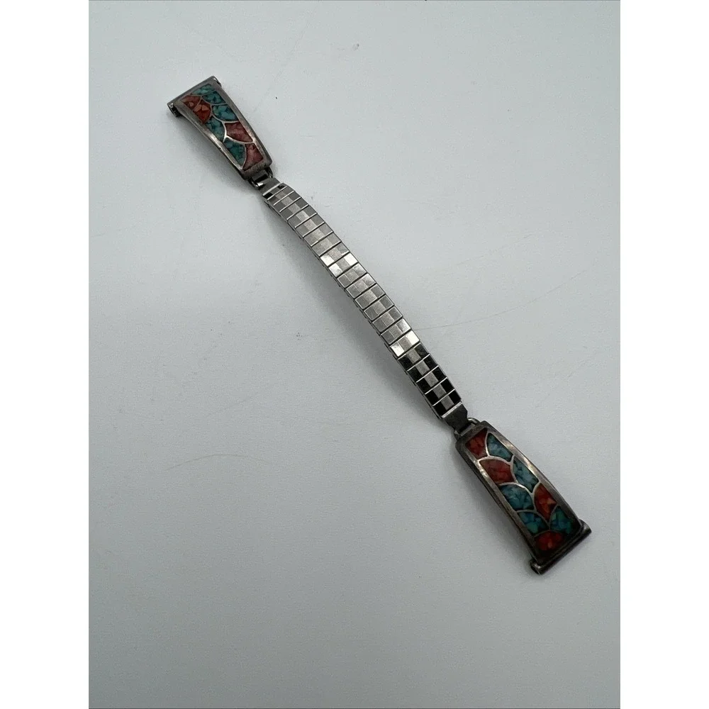 Watch Band Turquoise Coral Inlay Tips Stretch Southwest Nava Twist Women's